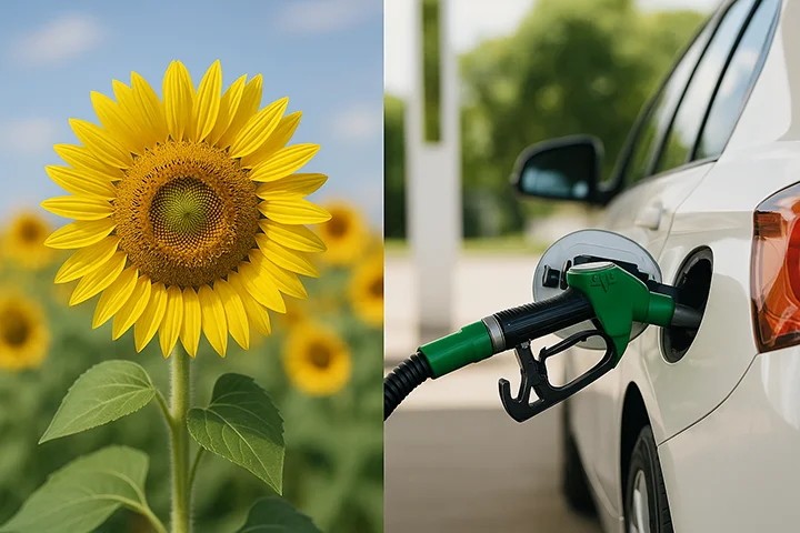 Sunflower edible oils and a car with renewable fuel.