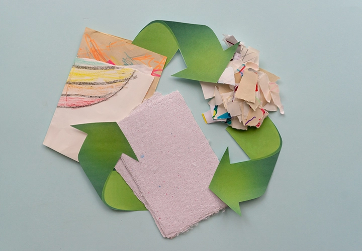 Collage illustrating the life cycle of recycled paper